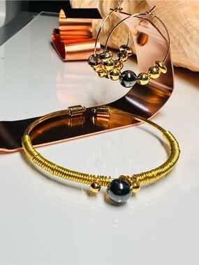 Gold-Tone Wrapped Bangle and Hoop Set with Hematite Accent
